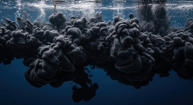 Dense black ink cloud billows and dissolves in clear water, forming abstract organic shapes with air bubbles against a deep blue background - Powered by Adobe