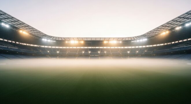 Empty professional sports stadium with floodlights illuminating a foggy green field and blue seats under a bright sky, creating a dramatic and atmospheric scene - Powered by Adobe