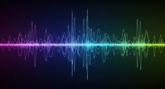Vibrant glowing digital audio sound wave with a colorful rainbow gradient spectrum from purple to green and glowing particles on a dark abstract technological background