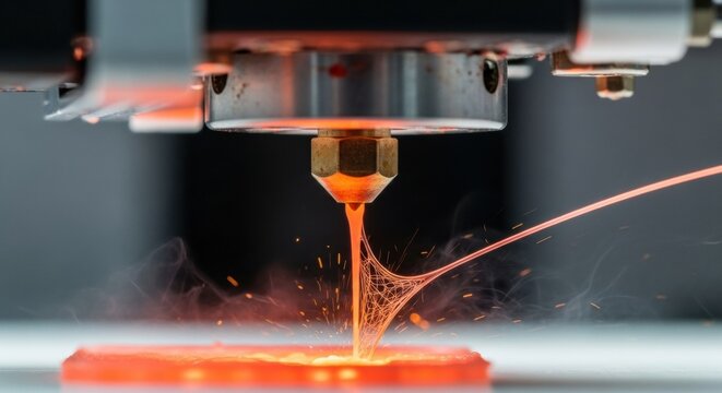 Hot 3D printer nozzle extruding glowing orange plastic filament with sparks and smoke in a macro shot showing the additive manufacturing process in detail - Powered by Adobe