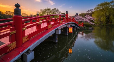 Beautiful red arched wooden footbridge with ornate gold details and a glowing lantern spans a serene pond with floating petals during a vibrant sunset
