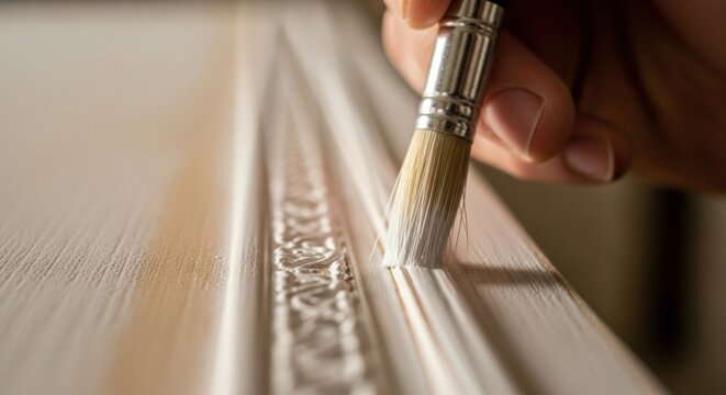 Small paintbrush with white bristles carefully applies a fresh coat of paint to an ornate wooden surface during a detailed furniture restoration or home improvement project