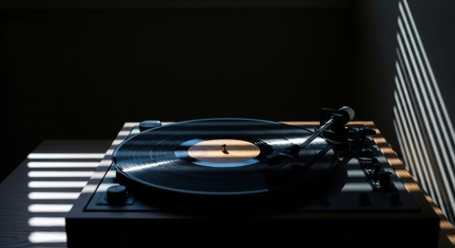 Vintage wooden turntable with a spinning black vinyl record is bathed in dramatic striped light from window blinds, creating a moody and nostalgic atmosphere against a dark background