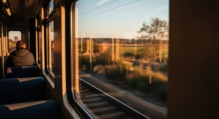 Train carriage interior with blue seats and a window view of a passing landscape with motion blur during a warm, atmospheric golden hour