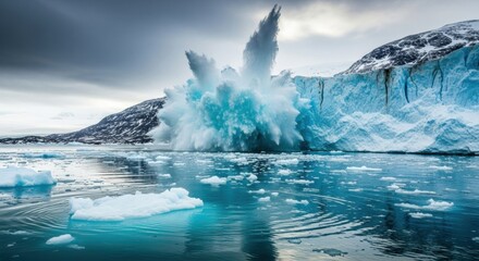 Massive blue glacier calving dramatically into the cold arctic ocean, creating a powerful splash with icebergs floating in the turquoise water under a stormy sky