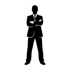 Silhouette of a man in a suit with arms crossed on a white background