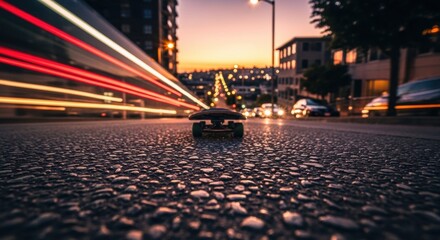 Black skateboard with green wheels sits on a textured road at dusk, with long exposure light trails from city traffic creating a dynamic and atmospheric urban scene