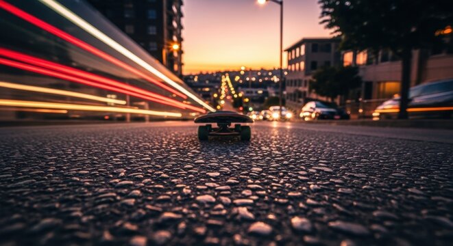 Black skateboard with green wheels sits on a textured road at dusk, with long exposure light trails from city traffic creating a dynamic and atmospheric urban scene