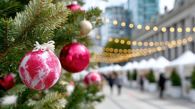Festive christmas tree with red and gold ornaments at entrance to outdoor market with twinkling lights