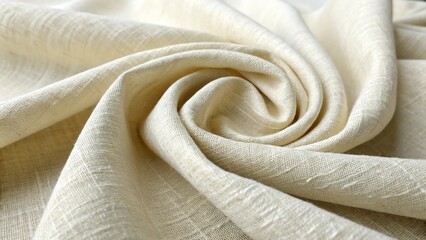 Textured linen fabric with soft folds showcasing a creamy beige color in macro detail
