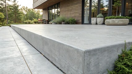 Smooth grey concrete patio expands outdoor space for relaxation and entertainment near modern residence