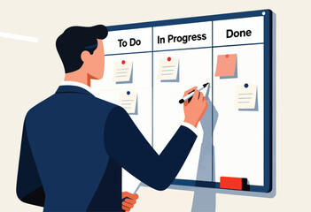 A person in a suit is writing on a whiteboard with "To Do", "In Progress", and "Done" columns