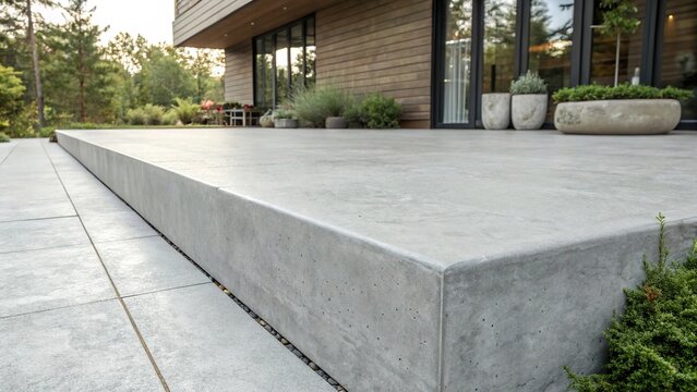 Smooth grey concrete patio expands outdoor space for relaxation and entertainment near modern residence