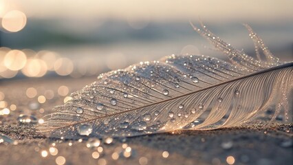 Soft focus sequin shimmer captures delicate feather adorned with droplets at sunrise by the shore