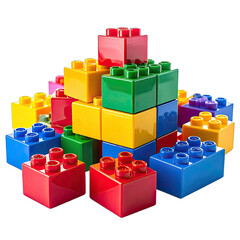A vibrant pyramid stack of colorful interlocking plastic building blocks against a black background.