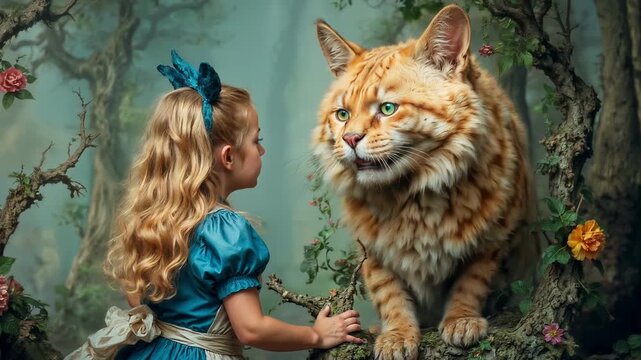 Mysterious smiling Cheshire cat in the enchanted forest from Alice in Wonderland, very charmingly and coquettishly tells about the magical forest