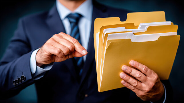 Businessman in suit interacting with a holographic folder interface displaying multiple digital documents