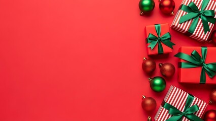 Festive christmas presents and ornaments arranged on a vibrant red background with ample copy space for seasonal greetings and design