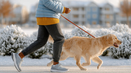 Woman jogging with golden retriever in snowy park showcasing a winter fitness routine