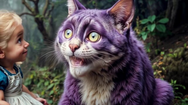Mysterious smiling Cheshire cat in the enchanted forest from Alice in Wonderland, very charmingly and coquettishly tells about the magical forest