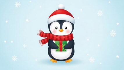 Cute cartoon penguin in a red santa hat and scarf, holding a christmas gift, on a light blue snowy background with falling snowflakes