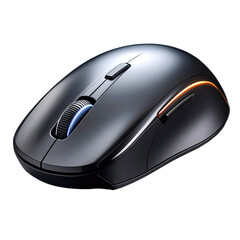 Sleek black wireless computer mouse with illuminated scroll wheel and side accents against a dark background.