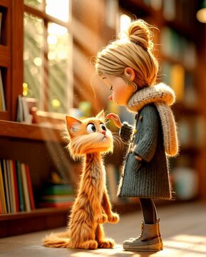 Una ni&ntilde;a y un gato naranja comparten un momento m&aacute;gico en una biblioteca llena de libros.