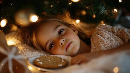 Dreamy holiday evening with child gazing at cookie under christmas tree lights - Powered by Adobe