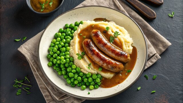 Delightful bangers and mash served with vibrant green peas and rich gravy in a cozy dining setting