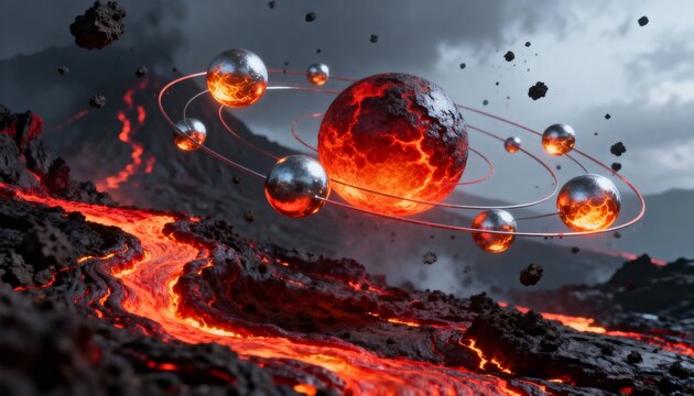 Molten lava planet with glowing fissures and reflective metallic spheres orbiting above a volcanic lava flow under a stormy, ash-filled sky.