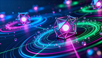 Glowing wireframe polyhedra hover above neon concentric rings and droplets in a vibrant, futuristic digital landscape.