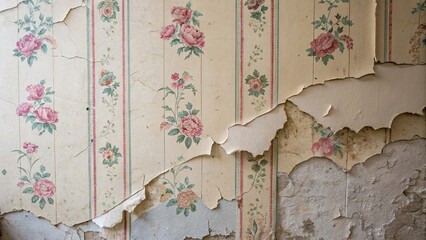 Vintage wallpaper with floral patterns peeling off in an old room creating a nostalgic, rustic ambiance