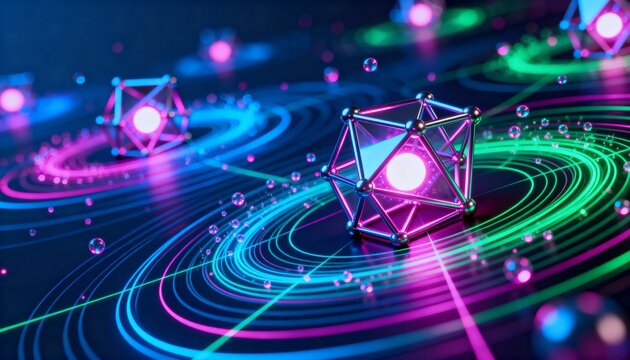 Glowing wireframe polyhedra hover above neon concentric rings and droplets in a vibrant, futuristic digital landscape.