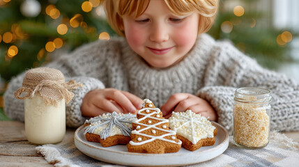 A child decorating fresh christmas cookies with icing and sprinkles near a jar of milk and festive tree lights