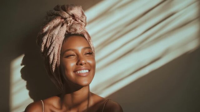 Smiling woman with a towel wrapped around her head, bathed in warm sunlight and striped shadow patterns.