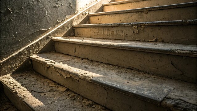 Worn stair tread shows signs of age and use in a dimly lit indoor space