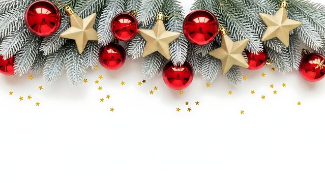 Festive christmas garland with red baubles and golden stars adorned on frosted fir branches with scattered confetti creating a joyful holiday celebration background