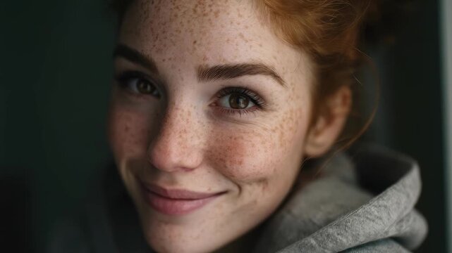 Close-up portrait of a smiling freckled woman with red hair wearing a gray hoodie.