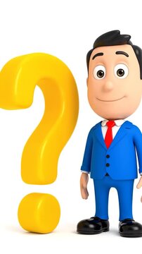 3D cartoon man with closed eyes smiles, next to giant yellow question mark