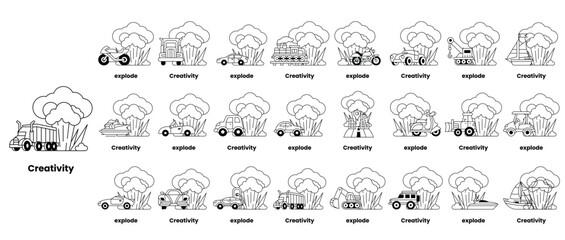 set of illustrations in the concept of bombs and creativity in a line style