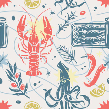 Sardines Tin Can and Crayfish Silhouettes with Squid Seamless Pattern Vector Design