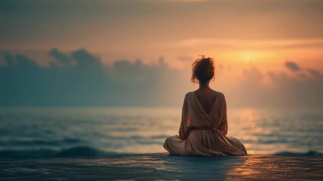 A person sits cross-legged on a beach at sunset, facing the sea as the sun sinks toward the horizon.