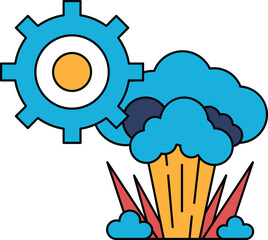 A black and white drawing of a gear and a cloud of smoke