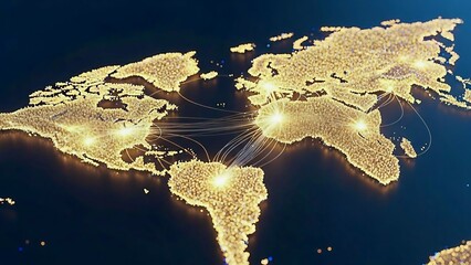 Global Network Connections Visualization with Glowing Continents and Connecting Lines