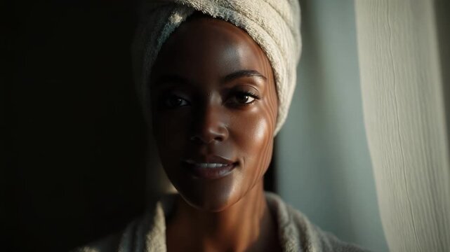 A woman with a towel wrapped around her head, eyes closed, relaxing in soft light by a window.