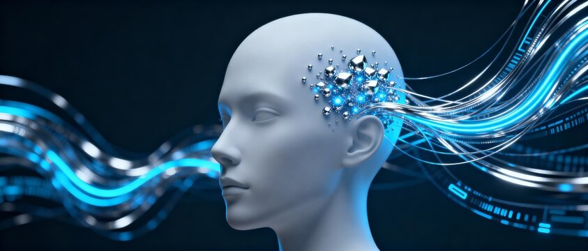 Futuristic abstract human head with blue glowing data streams and crystalline circuitry at the temple, symbolizing AI, neural interfaces, and digital cognition.
