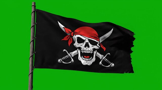Tattered Pirate Flag Waving on Green Screen, Skull with Red Bandana and Eyepatch, 3D Animation of Jolly Roger with Crossed Swords, Isolated Chroma Key Background