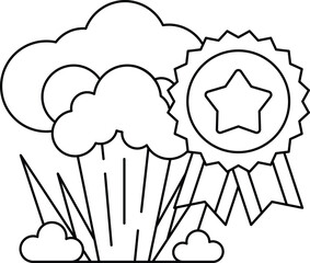 A white and black drawing of a star and a cloud