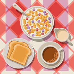 A cozy flat-lay illustration of a breakfast spread featuring coffee, toast, and cereal, inviting viewers to enjoy a cheerful start to the day.