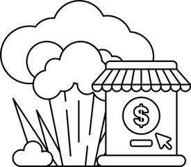 A black and white drawing of a vegetable stand with a sign that says 